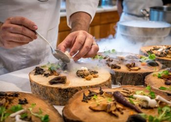 Chef Preparing Vegetable Dish on Tree Slab